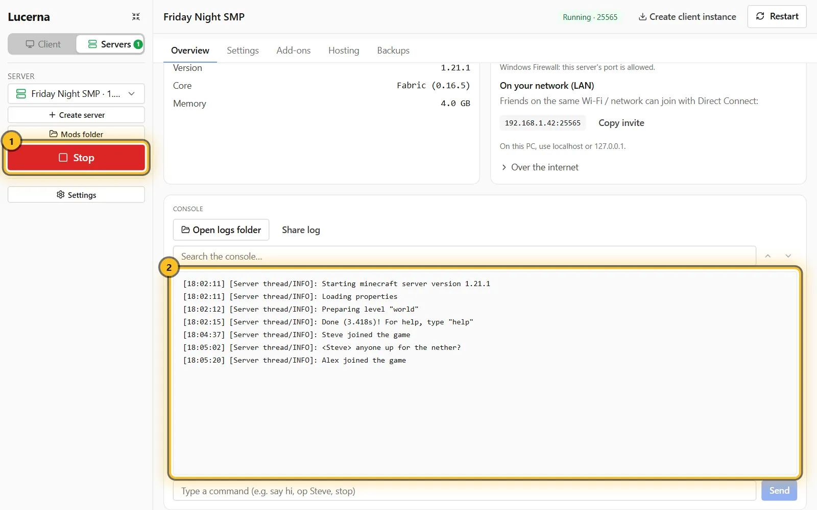 Lucerna's servers view with a running server, its Stop button and a live console log